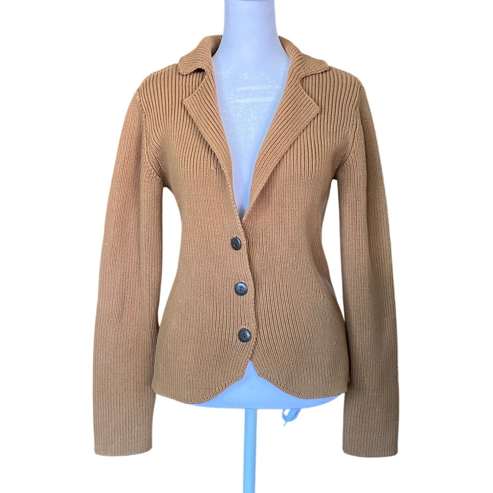 Ribbed Knit Tan Blazer Cardigan Small 100% Cotton Japan Preppy Work Minimalist‎